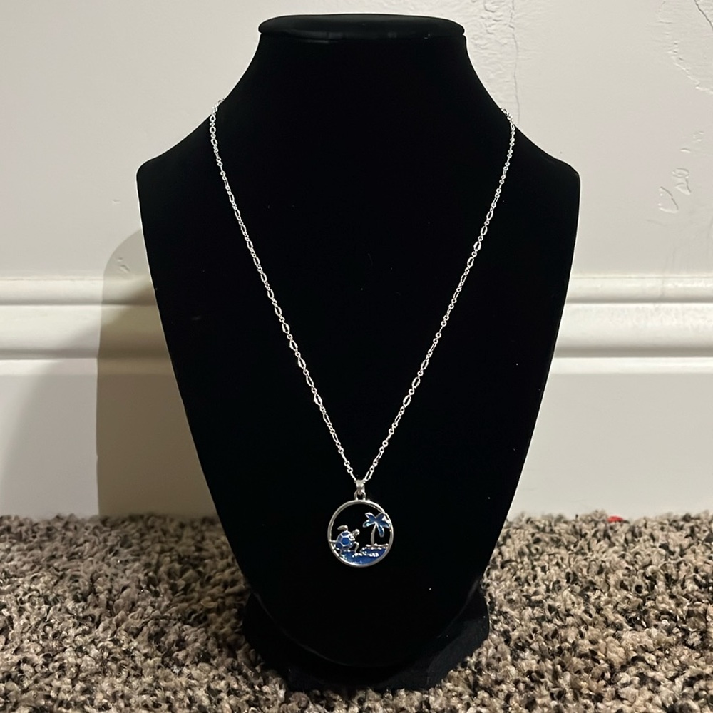 16in Silver Chain With Paradise Pendant (Turtle and Palm Tree)